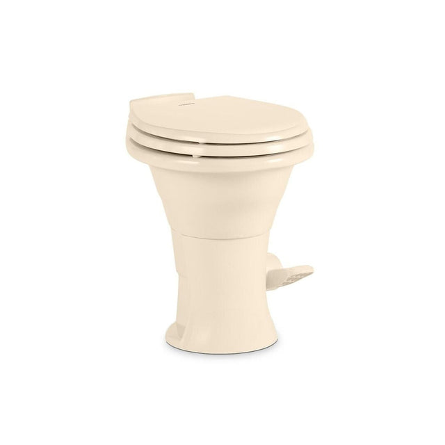 Dometic 310 Tall Gravity Flush Ceramic Round Toilet with Wood Slow-Close Seat, Foot Pedal Operation, Bone